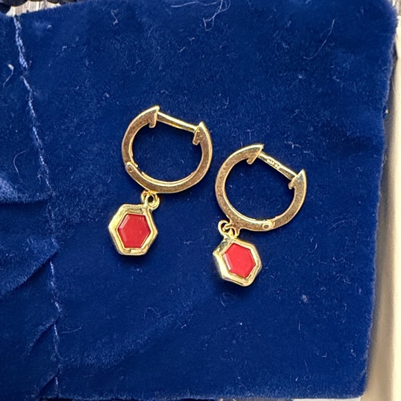 Jewelry - Gold plated over silver 925 Hexagon Hoop Earrings with Red carnelian Charm